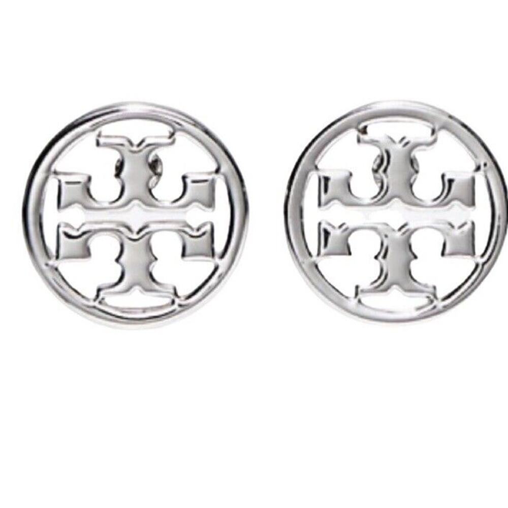 TORY BURCH Designer Silver Miller Round Circle Cut Out "T" Logo Stud Earrings‎